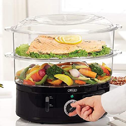 

bella two tier food steamer, healthy, fast simultaneous cooking, stackable baskets for vegetables or meat, rice / barley tray, auto shut-off & boil dry protection, 7.4 qt, black