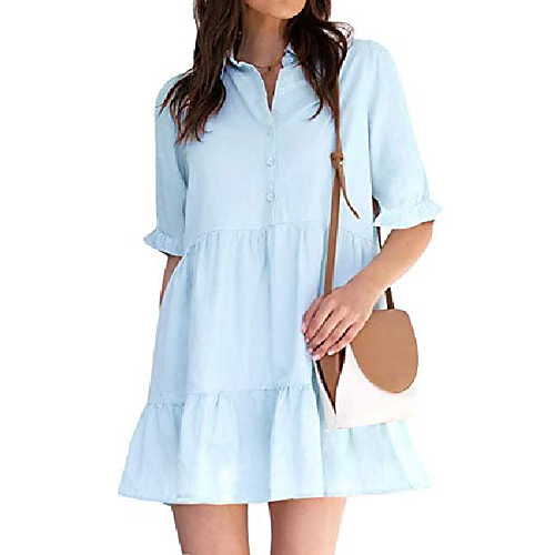 

roylamp women's summer tunic dress puff sleeve ruffle hem button down casual collared shift dress with pockets light blue l