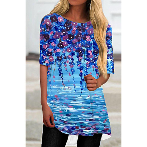 

Women's T Shirt Dress Tee Dress Short Mini Dress Blue Half Sleeve Floral Print Print Spring Summer Round Neck Casual 2021 S M L XL XXL 3XL