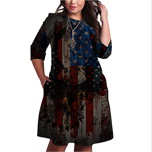 

Women's Plus Size Dresses Shift Dress Knee Length Dress 3/4 Length Sleeve Graphic Flag Print Basic Fall Black XL XXL 3XL 4XL 5XL / Holiday
