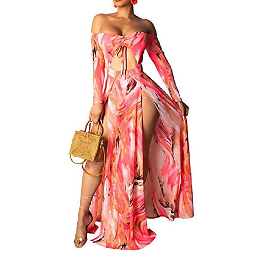 

womens sexy floral print maxi dress one off shoulder cut out split short sleeve bodycon party club dresses pink s