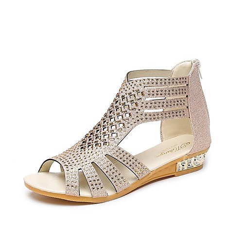 

Women's Sandals Flat Heel Round Toe PU Color Block Black Gold Beige