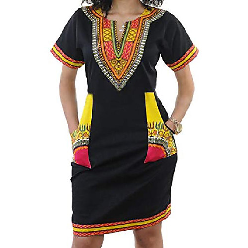 

women's dashiki african bright dresses short sleeve club vintage skirts with pockets yellow