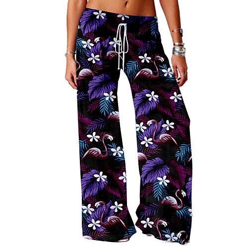 

Women's Basic Soft Comfort Daily Home Chinos Pants Flamingo Leaves Print Full Length Elastic Drawstring Design Print Purple Red Green