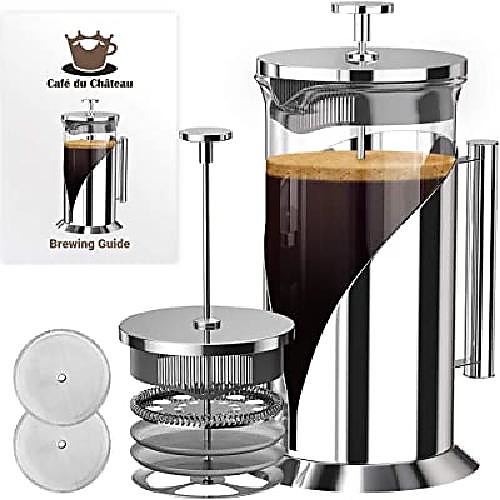 

café du chateau french press coffee maker (34 oz) - stainless steel coffee press with 4 level filters - heat-resistant carafe