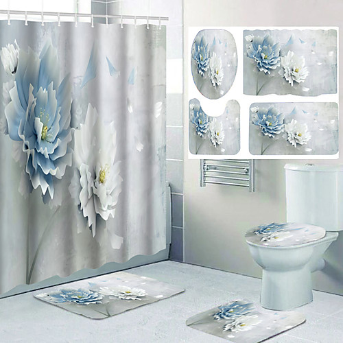 

Flower Pattern Bathroom Waterproof Shower Curtain and Cushion Four-piece Modern Polyester New Design
