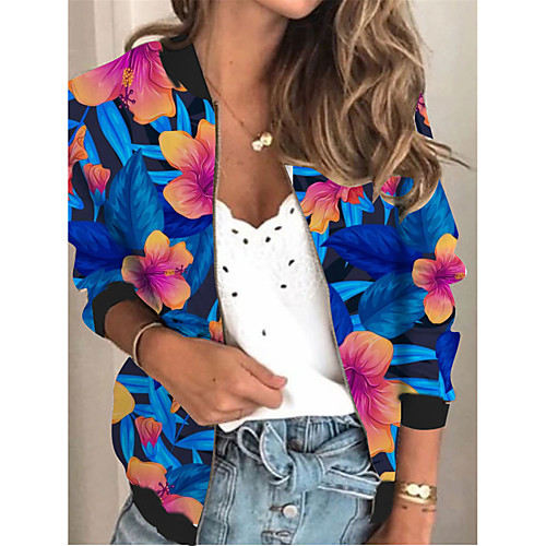 

Women's Jackets Floral Print Sporty Spring & Fall Jacket Regular Daily Long Sleeve Air Layer Fabric Coat Tops Blue