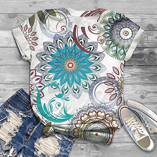 

Women's Plus Size Print Floral Graphic T shirt Large Size Crewneck Short Sleeve Basic Tops XL XXL 3XL White Big Size