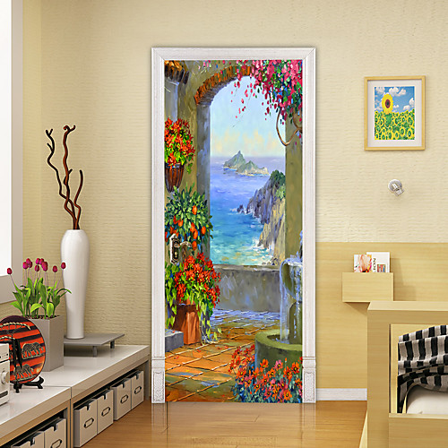 

Oil Painting Style 2pcs Self-adhesive Creative Door Stickers Island Scenery Living Room Diy Decoration Home Waterproof Wall Stickers