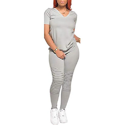 

lrosey womens v-neck solid color short sleeve t shirt wrinkled legging pants two piece sets grey