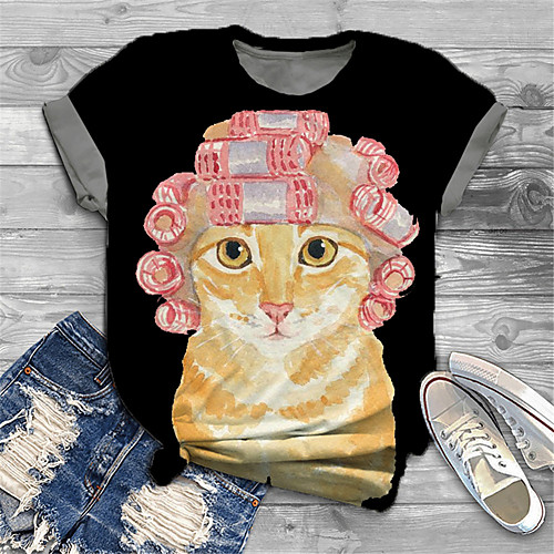 

Women's Plus Size Print Cat Graphic Animal T shirt Large Size Crewneck Short Sleeve Basic Tops XL XXL 3XL Black Big Size