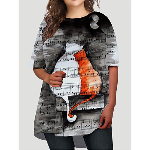 

Women's Plus Size Dresses T Shirt Dress Tee Dress Short Mini Dress Half Sleeve Cat Graphic Animal Print Basic Fall Black XL XXL 3XL 4XL 5XL / Holiday