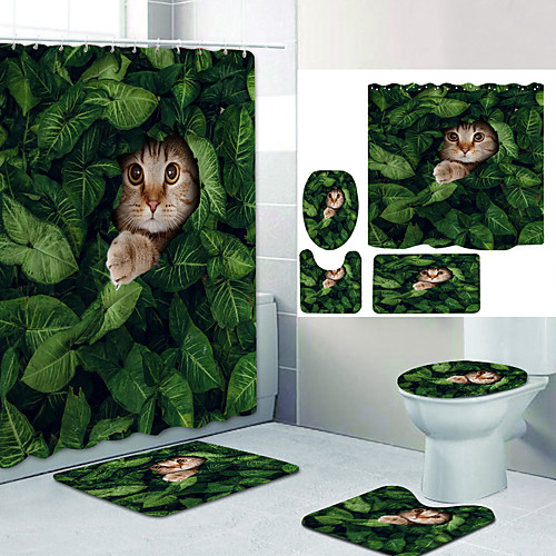 

Green Leaf Little Yellow Cat Digital Printing Four-piece Set Shower Curtains and Hooks Modern Polyester Machine Made Waterproof Bathroom