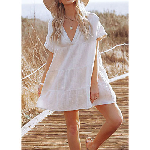 

Women's Shift Dress Short Mini Dress White Blue Green Short Sleeve Solid Color Patchwork Summer V Neck Elegant Cotton 2021 S M L XL XXL 3XL