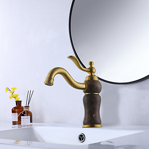 

Bathroom Sink Faucet Luxury Stone Heavy Duty Style Single Handle Single Hole All Copper / Brass and Natural Coffee Marble Golden Sink Faucet Deck Mount Hot and Cold Mixer Taps Lavatory Vanity Faucets