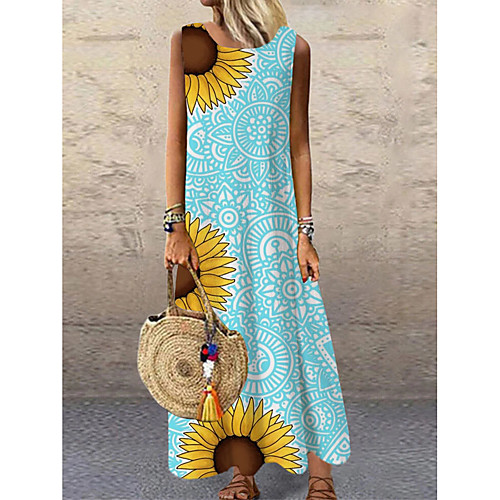 

Women's Shift Dress Maxi long Dress Blue Sleeveless Floral Print Print Spring Summer Round Neck Casual 2021 S M L XL XXL 3XL