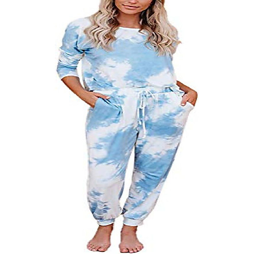 

yskkt women plus size tie dye sweatsuit long sleeve crewneck pullover drawstring elastic waist sweatpants pj sets loungewear blue