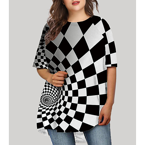 

Women's Plus Size Check Graphic 3D Print Basic Half Sleeve Fall Short Mini Dress T Shirt Dress Tee Dress Black