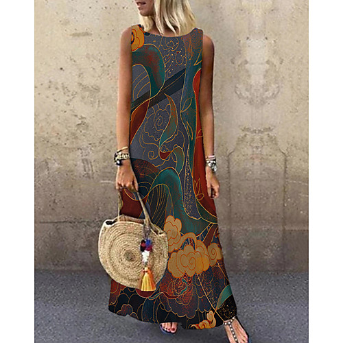 

Women's Shift Dress Maxi long Dress Navy Blue Sleeveless Print Print Spring Summer Round Neck Casual 2021 S M L XL XXL 3XL