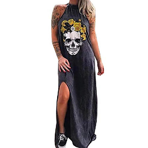 

womens casual dresses cotton skull print halter high slit summer tunic maxi dress black xxl