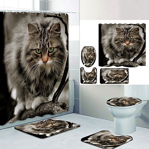 

Blue-eyed Big Gray Cat Digital Printing Four-piece Set Shower Curtains and Hooks Modern Polyester Machine Made Waterproof Bathroom