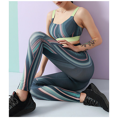 

Women's 2pcs Activewear Set Sports Bra with Tights Yoga Suit Off Shoulder Open Back Cropped Stripes Blue Green Spandex Yoga Fitness Gym Workout Sports Bra Cropped Leggings Tights Sleeveless Sport