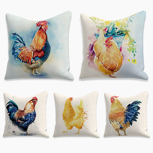 

Double Side Cushion Cover 5PC Linen Soft Decorative Square Throw Pillow Cover Cushion Case Pillowcase for Sofa Bedroom 45 x 45 cm (18 x 18 Inch) Superior Quality Machine Washable Print Farm Cock Hen