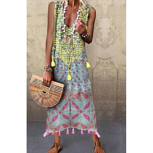 

Women's Shift Dress Midi Dress Yellow Sleeveless Print Print Summer V Neck Elegant 2021 S M L XL XXL