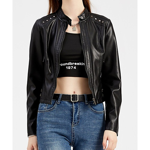 

Women's Jackets Solid Colored Patchwork Elegant Fall Jacket Regular Daily Long Sleeve PU Coat Tops Black