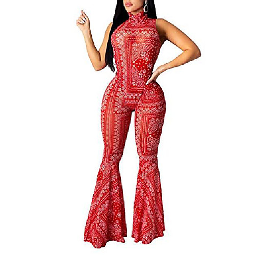 

fairbeauty women's sexy floral print mesh bodycon 2 piece jumpsuits bell bottom pants sets