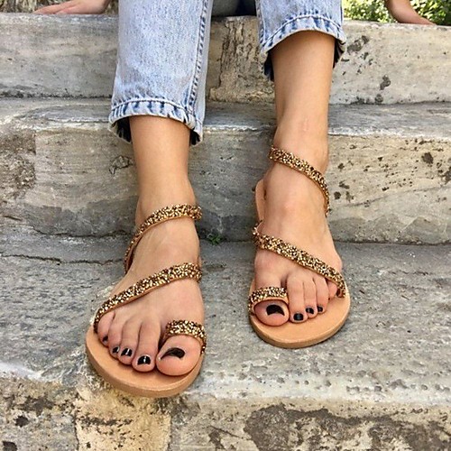 

Women's Sandals Boho Bohemia Beach Flat Heel Round Toe PU Solid Colored Gold