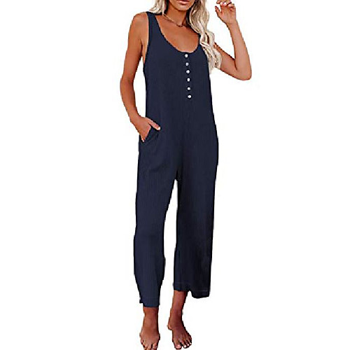 

ecrocoo womens one piece bodycon jumpsuit casual button down knit wide leg jumpsuit romper with pocketed,blue s