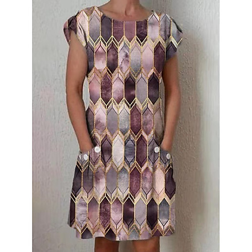 

Women's Shift Dress Knee Length Dress Brown Short Sleeve Print Summer Round Neck Elegant 2021 S M L XL XXL 3XL