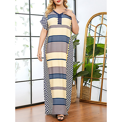 

Women's Plus Size Dresses Shift Dress Maxi long Dress Short Sleeve Geometric Print V Neck Casual Spring & Summer Blue L XL XXL 3XL / Loose