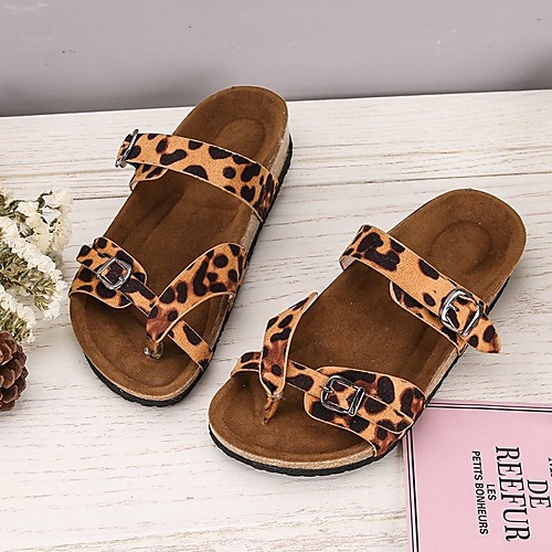 

Women's Sandals Flat Heel Round Toe PU Color Block Leopard
