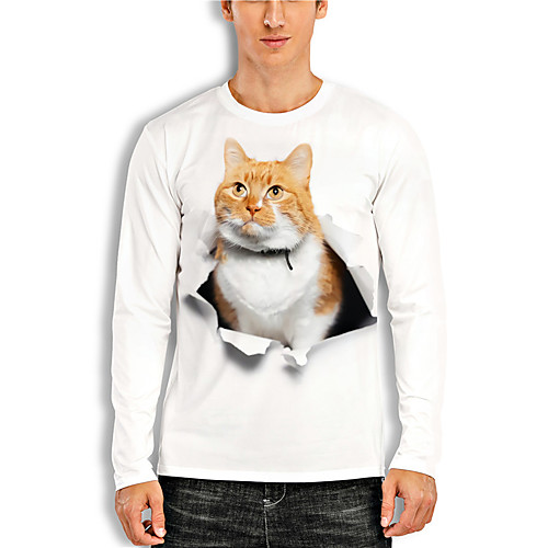 

Men's Tees T shirt 3D Print Cat Graphic Prints Animal Print Long Sleeve Daily Tops Casual Designer Big and Tall White Red