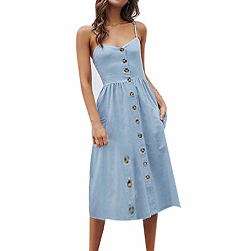 

hotkey women's dresses summer solid spaghetti strap button down midi dress with pockets