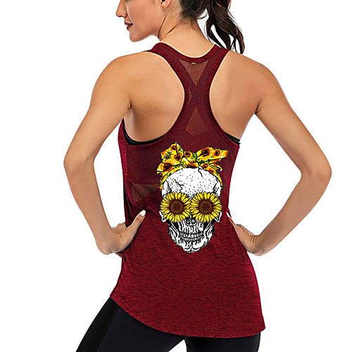 

Women's Yoga Top Racerback Patchwork Skull Dark Grey Black Purple Burgundy Dark Green Mesh Cotton Fitness Gym Workout Running Tank Top T Shirt Sport Activewear Lightweight Breathable Quick Dry