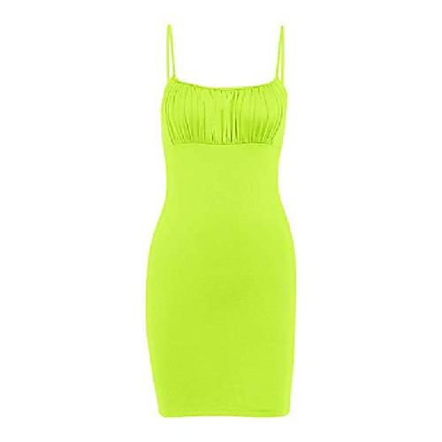 

radish stars women's casual dress spaghetti straps sleeveless ruched stretchy bodycon mini dress summer fluorescent yellow