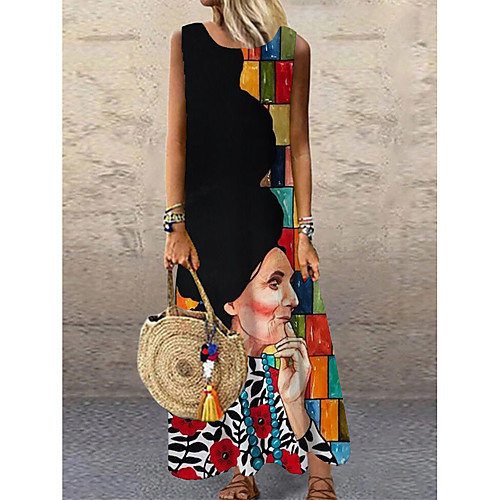 

Women's Shift Dress Maxi long Dress Black Sleeveless Floral Print Spring Summer Round Neck Casual 2021 S M L XL XXL 3XL