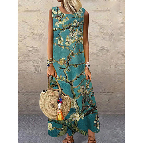 

Women's Shift Dress Maxi long Dress Blue Sleeveless Floral Print Print Spring Summer Round Neck Casual 2021 S M L XL XXL 3XL
