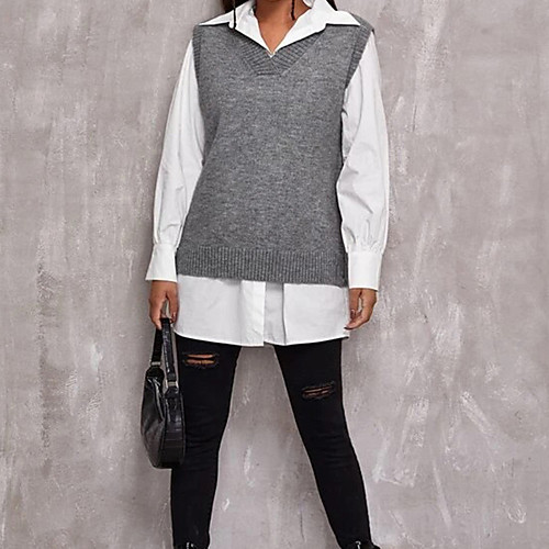 

Women's Stylish Stripe Knitted Striped Solid Color Pullover Cotton Sleeveless Sweater Cardigans V Neck Fall Spring White Black Wine