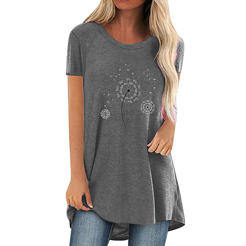 

amazon 2021 summer hot sale dandelion print casual large size medium long round neck short sleeve t-shirt women
