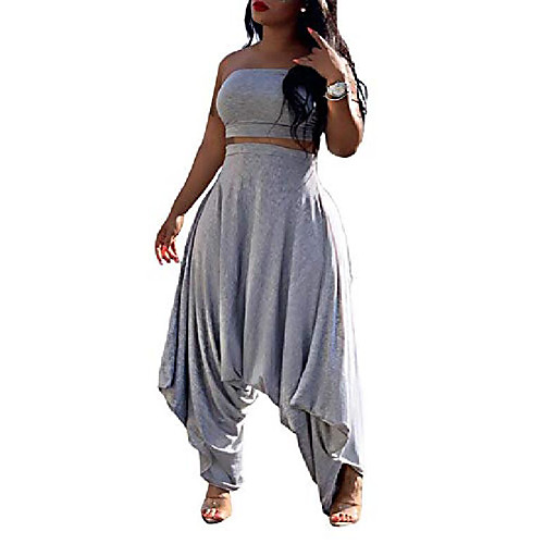 

tube 2 piece outfits for women strapless crop top high waist harem pants set rompers grey