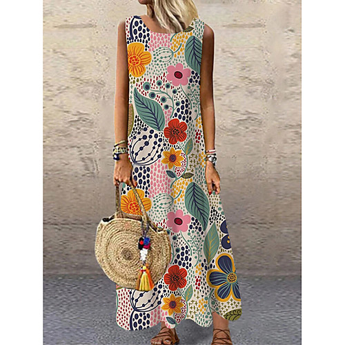 

Women's Shift Dress Maxi long Dress Rainbow Sleeveless Floral Print Print Spring Summer Round Neck Casual 2021 S M L XL XXL 3XL