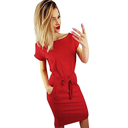 

dongdong❣ women's 1950s vintage short sleeve pleated pencil dress d- red