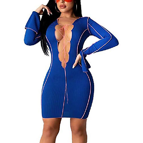 

women sexy deep v neck long sleeve cross lace up hollow out bodycon club wear mini dress xl blue