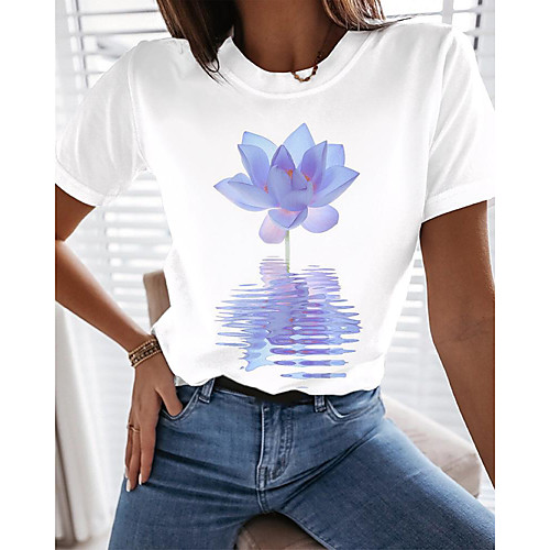 

Women's T shirt Floral Graphic Print Round Neck Tops Basic Basic Top White