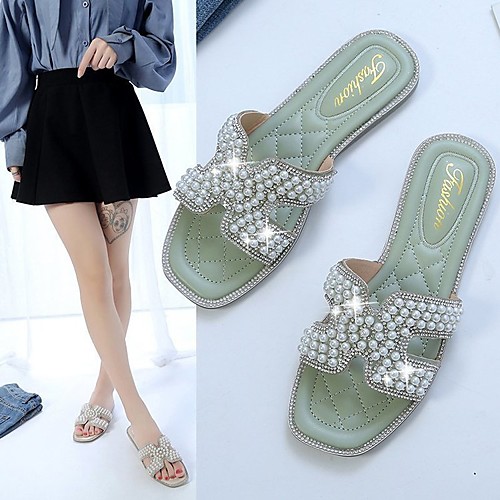 

Women's Sandals Flat Heel Round Toe PU Imitation Pearl Solid Colored Green Silver Beige