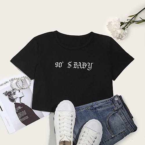 

Women's Crop Tshirt Letter Print Round Neck Tops Cotton Basic Basic Top White Black